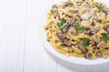 Pasta tagliatelle with chicken meat and mushroom