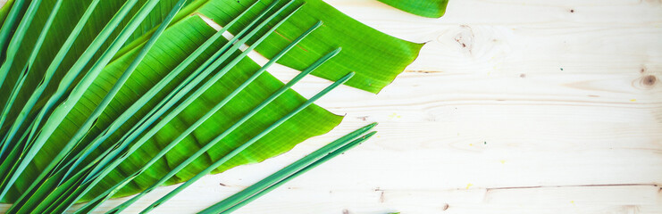 Palm leaf on a wooden background Summer background Top view