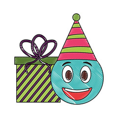 birthday emoji face with party hat and gift vector illustration   drawing color