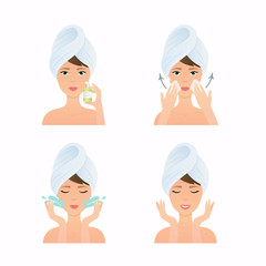 Face care routine. Girl Cleaning And Care Her Face. Steps how to apply cleansing gel.  Skincare vector.
