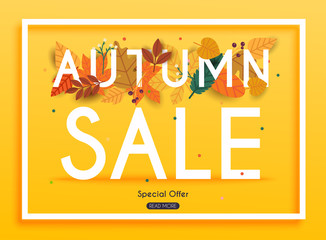 Autumn Sale Banner with leafs, Poster, Flyer. Vector illustration.