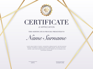 Certificate template with golden decoration element. Design diploma graduation, award. Vector illustration. - obrazy, fototapety, plakaty