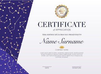 Certificate template with golden stars element. Design diploma graduation, award. Vector illustration.