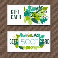 Voucher template with green gift box,certificate. Background design coupon, invitation, currency. Vector illustration.