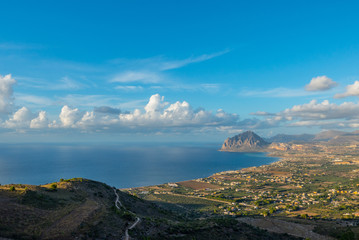 Beautiful panoramic view from Erice  at Mediterranean sea and Monte Cofano, Sicily, Italy