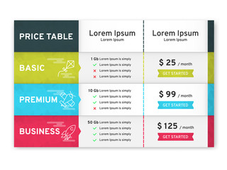 Price table for websites and applications. Template of tariffs. Vector illustration
