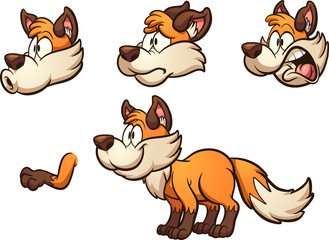 Cartoon fox with different expressions. Vector clip art illustration with simple gradients. Some elements on separate layers. 