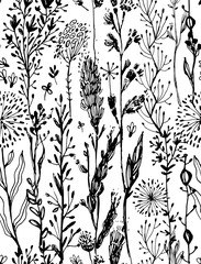 Seamless trendy pattern with black grass and flowers. Vector illustration. design element for fabric, wrapping paper, congratulation cards, print, banners and others