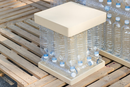 Plastic bottles, Concept of recycling Empty used plastic bottles plastic bottles not used as artificial chairs.