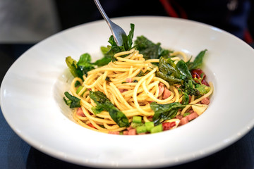 Spaghetti spicy with bacon and basil dried chilli
