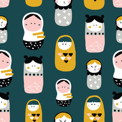 vector seamless background patterns in Scandinavian style,cartoon cute nesing doll characters  and elements for fabric design, wrapping paper, notebooks covers
