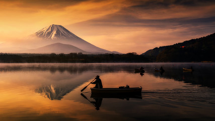 Silhouette boat with Mount Fuji, Lake Shoji