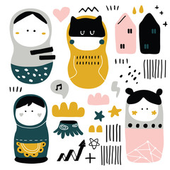 Vector illustration set of beautiful decorative nesting dolls and other folk hand drawn elements for stickers, your designs,prints
