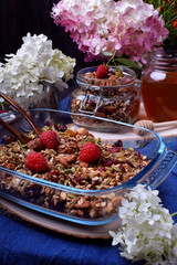 Granola made of oatmeal flakes, nuts and seeds decorated with fresh raspberries