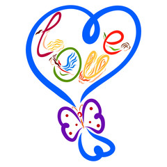 Balloon heart shaped with a bow in the form of a butterfly and the word LOVE from flying women