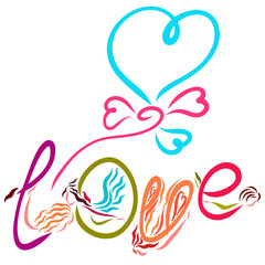 Fototapeta premium Beautiful lady with wings, the word LOVE and a balloon in the shape of a heart
