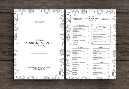 Restaurant Menu Layout with Food Illustrations