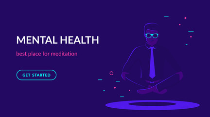 Office man sitting in calm lotus pose and meditating. Flat vector neon website template and landing page design of young people doing meditation and thinking about mindfulness after hard working day