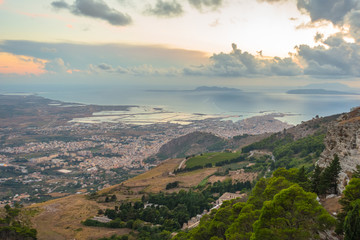 Fototapeta premium Beautiful panoramic view from Erice at Trapani and Egadi Islands , Sicily, Italy
