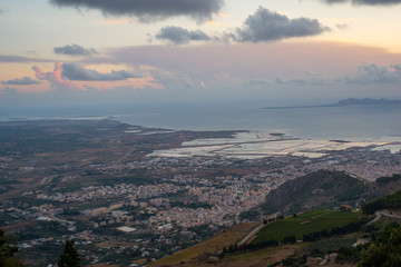 Beautiful panoramic view from Erice at Trapani and Egadi Islands , Sicily, Italy