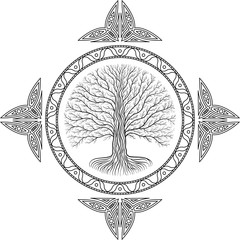 Druidic Yggdrasil tree, round gothic logo. ancient book style