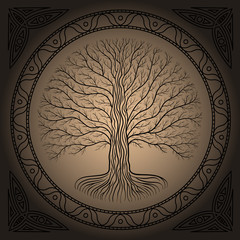 Druidic Yggdrasil tree, round, brown logo. Gothic ancient book style