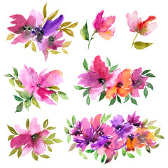 Watercolor flowers set. Purple flowers. Floral decorative elements. Painting flowers for greeting card.  