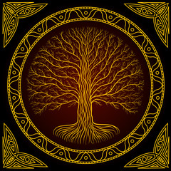 Druidic Yggdrasil tree, round dark gothic logo. ancient book style