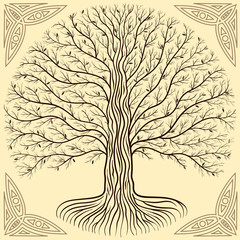 Druidic Yggdrasil tree, round, brown logo. Gothic ancient book style