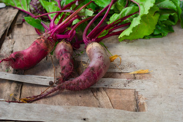 fresh organic beets on wooden background