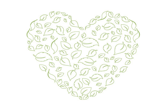 Heart symbol in green leaves. Vector. eco bio leaves in heart love green icon on white background.