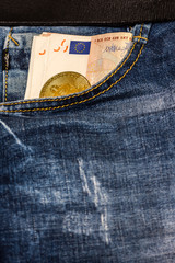 Jeans Pocket with Money, Euro Banknotes.  