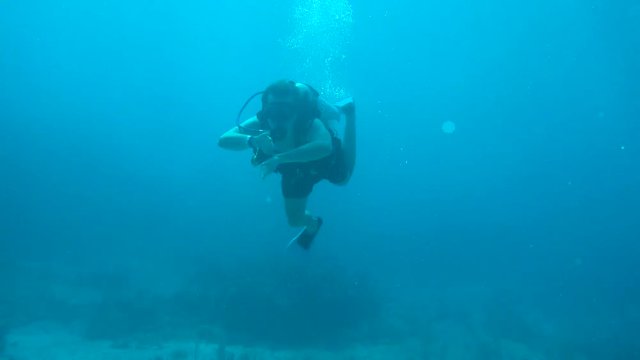 Scuba diver in blue water swims towards camera. Single isolated underwater swimmer moves forward in clear tropical warm water with full gear.