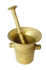 Vintage mortar and pestle made of bronze on a white background. The ancient tools of the pharmacist. A device for grinding seasoning for cooking. A mortar for medicines