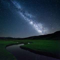 Milky Way at night over a mountain lake