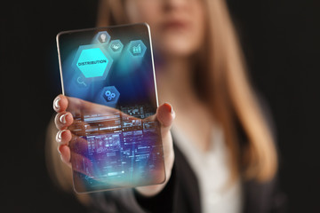 The concept of business, technology, the Internet and the network. A young entrepreneur working on a virtual screen of the future and sees the inscription: Distribution