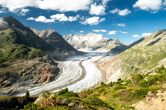 Scenic view on Great Aletsch Glacier in Switzerland with blue sky, white clouds, snowy mountains and forest with green pine trees
