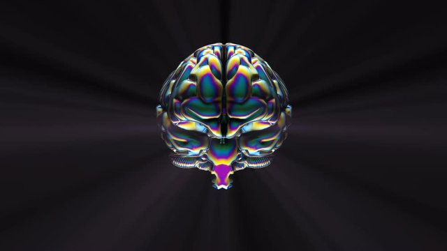 Rotating brain. Punching rays from the inside of the brain. Holographic foil. Seamless loop.