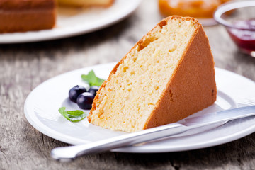 Slice of a homemade vanilla cake for breakfast