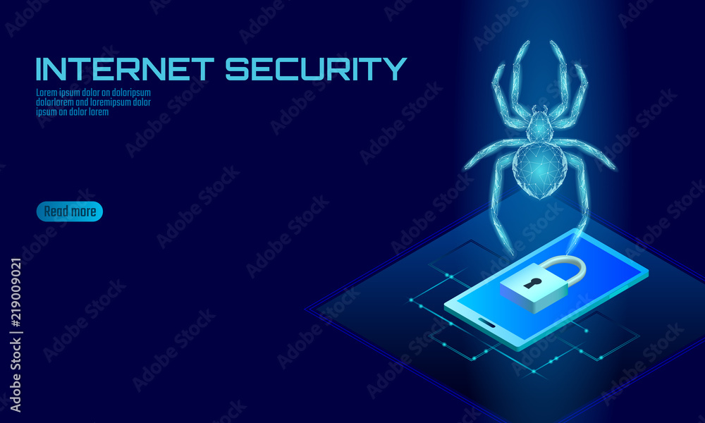 Poster isometric 3d spider hacker attack danger. web security virus data safety antivirus concept. smartpho