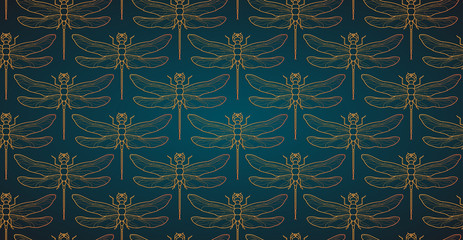 Dragonfly pattern seamless vector illustration. Insect pattern background gold. Vintage romantic tile luxury gold dragonfly on minimalistic dark elegant background. Black gold pattern.