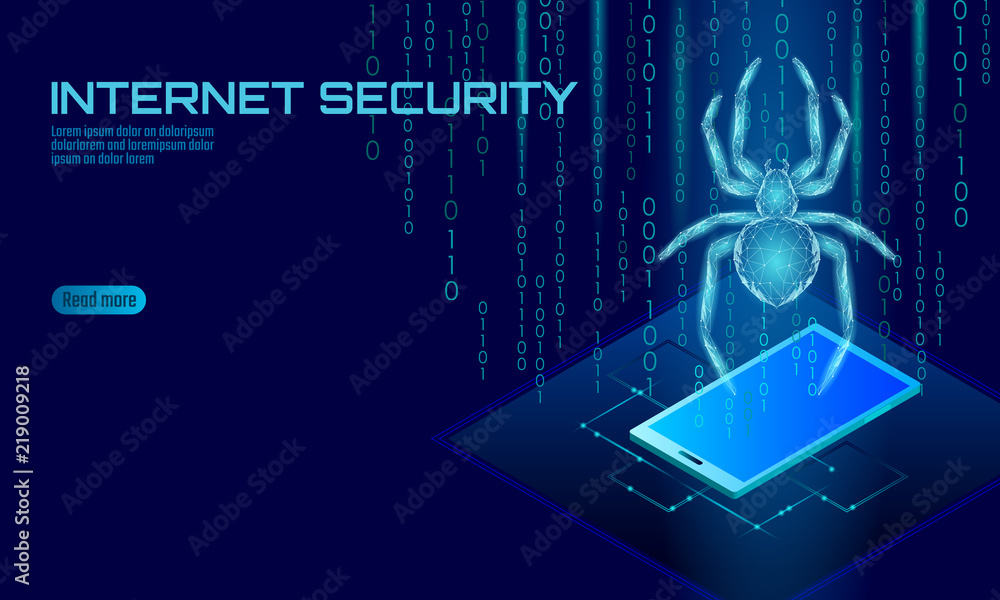 Poster isometric 3d spider hacker attack danger. web security virus data safety antivirus concept. smartpho