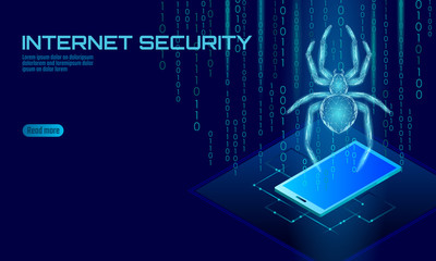 Isometric 3D spider hacker attack danger. Web security virus data safety antivirus concept. Smartphone lock design business concept. Cyber crime web insect bug technology vector illustration