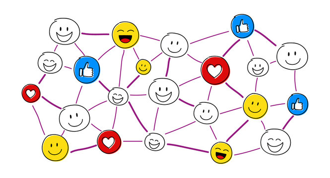 Concept of social media network with funny emoji. Vector.
