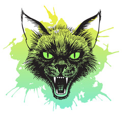 Cat's head realistic hand drawn Halloween, horror illustration. Scary black cat with open mouth and bared fangs. Ink drawing with colorful blot. Grinning cat's muzzle with grunge splash. Tattoo design