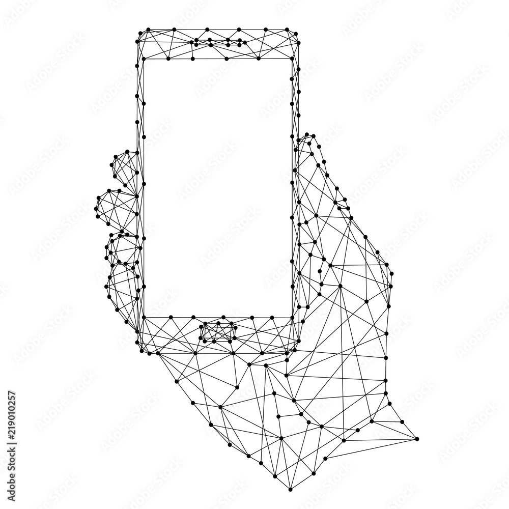 Poster hand holding a smart phone vertically from futuristic polygonal black lines and dots. vector illustr