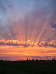 Fototapeta premium Red clouds sunset sky with sun rays and petrochemical plant in the background 