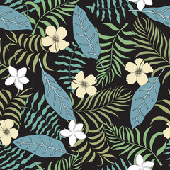 Tropical background with palm leaves and flowers. Seamless floral pattern. Summer vector illustration