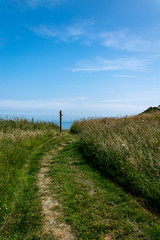 Fototapeta na wymiar Path on the Yorkshire coast leading to a sign at the end