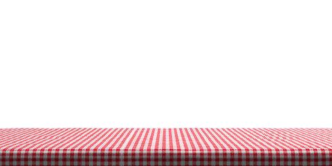 Table covered with red tablecloth on white background, copy space. 3d illustration